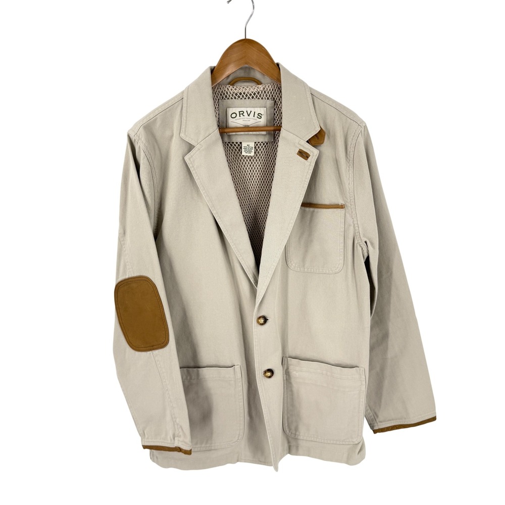 Orvis Field Blazer Beige 42 Cotton Canvas Suede Trim Hunting Jacket